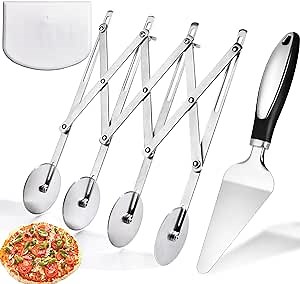 4-Wheel Stainless Steel Pastry Cutter Set of 3 with Pizza Spatula and Dough Bowl Scraper, Adjustable Wheel Spacing for Pasta, Pizza, Pastry