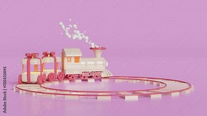 3d locomotive steam cartoon with smoke, wagons shaped like a gift box, railroad tracks, train transport toy, happy new year. alpha channel