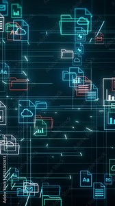 abstract complex grid with file and folder icons, futuristic document management system, concept of digital data organization (3d render) vertical video
