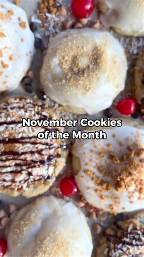 NOVEMBER COOKIES ARE HERE! 🍪🥧🍫 We are so excited for this lineup! We have some of our most loved flavors a brand new cookie hitting the ovens this morning. Let’s get to it! ⬇️ 🥧Cherry Pie Cookie - a super soft vanilla almond cookie filled with cherry pie filling & topped with sweet vanilla almond glaze & graham cracker crumbs. 🍁Maple Cookie Butter - it’s BACK! A soft brown sugar maple cookie filled with @biscoff cookie butter & topped with maple glaze & crushed Biscoff cookies. 🍫7 Layer Ma