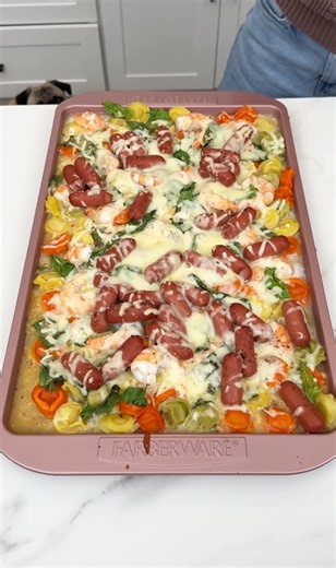 This sheet pan tortellini shrimp dinner is packed with easy flavor