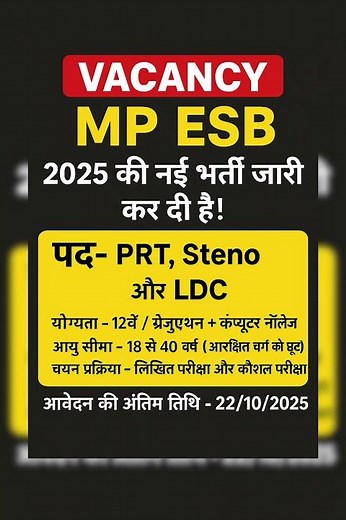 “MP ESB New Vacancy 2025 | PRT, Steno & LDC | Eligibility, Age, Apply Now! MP Govt Jobs 2025 |