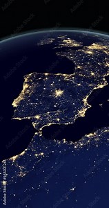 Iberian Peninsula at night, Spain and Portugal, in the earth planet. 4K Vertical