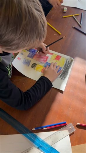Spark PA on Instagram: "It’s so good to be back at It Takes a Village hybrid homeschool community all about hues! For today’s enrichment class, we decided to focus on the famous artist Piet Mondrian. Mondrian was a Dutch artist best known for his abstract paintings made with straight black lines and blocks of primary colors. He believed art could be simplified to show balance and harmony using just lines, shapes, and basic colors. We started by using rulers to sketch out different-sized rectangl