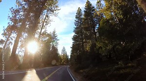 POV drive along Route 108 sun flare Mountain Pass Sierra Nevada Wilderness area USA