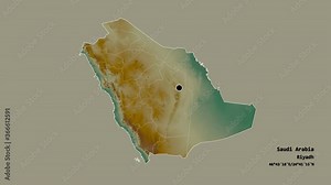 Asir, region of Saudi Arabia, with its capital, localized, outlined and zoomed with informative overlays on a relief map in the Stereographic projection. Animation 3D