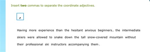 Insert two commas to separate the coordinate adjectives.  Havin... | Filo