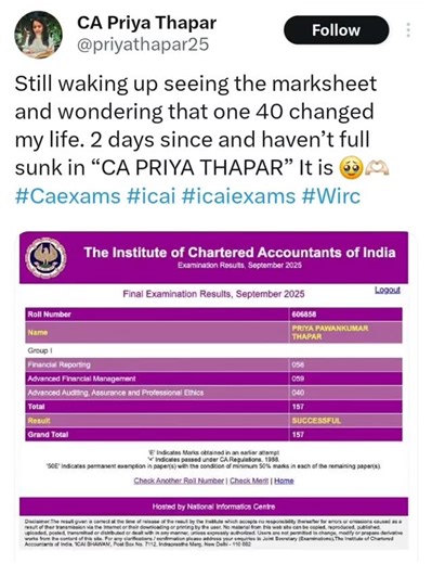 CA | ICAI OFFICIAL on Instagram: "Wow that feeling @priyathapar25 😍 Follow : @caofficialinsta • • • #cafoundationstudent #caclubofficial #icairesult #CAResults #cafinal #cafoundationaccounts #camotivationhub #camotivation #charteredaccountant #caintermediate #caexams #charteredaccountants #caaspirants #cafinalist #caofficialinsta"