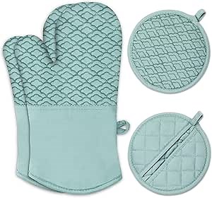Pot Holders and Oven Mitts Set with Non-Slip Silicone Grip, Heat Resistant Hot Pads for Kitchen Baking Cooking - Green