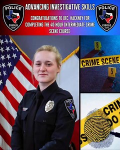 🔎 Sharper Scene Skills 🔍 Ofc. Hackney recently completed the 40-hour Intermediate Crime Scene Course, designed to strengthen her expertise in crime scene processing, evidence collection, and forensic documentation. This advanced training builds upon foundational investigative techniques and introduces modern methods used in today’s forensic investigations. This course is a mandatory requirement for officers working toward their Intermediate Peace Officer License, and Ofc. Hackney’s dedication 