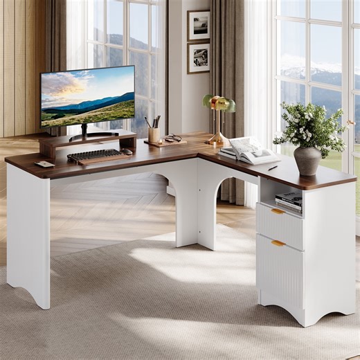 Bestier L Shaped Desk with Drawers, 55.7" x 55" Office Computer Desk with Round Corners, Monitor Stand & Fluted Panels, White & Walnut