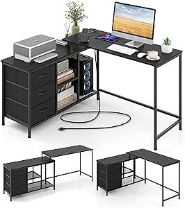 Giantex L Shaped Computer Desk with Drawers, 81" Convertible Corner Desk with Charging Station and Storage Shelves, Study Writing Desk, Modern Long Corner Gaming Table for Home Office (Black)
