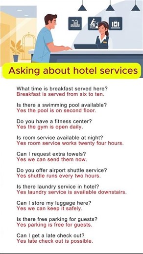 Asking About Hotel Services 🏨 | Useful English Phrases for Hotel Conversations🗣️ #englishforbeginner