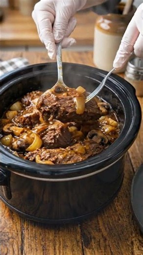 Slow Cooker Salisbury Steak with Mushroom Gravy #elisedeliciousbites #recipe #easyrecipes
