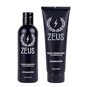 ZEUS Beard Wash Set for Men, Shampoo & Conditioner Duo with Green Tea & Essential Oils, Hydrates, Softens & Strengthens Beard Hair (Made in USA) Sandalwood