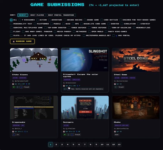 🎮 Game submissions for the #vibejam can now we browsed at https://t.co/3pd5m5pMosIt syncs the game entrants and also their analytics, so you can sort by [ Most played ]There's about 74 entrants now, but most games will be submitted in the final week which it projects will be over 1,000+ but we'll see!This was the idea last year to do to with the Vibe Jam but back then I didn't have AI to make it this easy, and also I didn't ask for screenshots of the games which now we do, I'll now add a simila