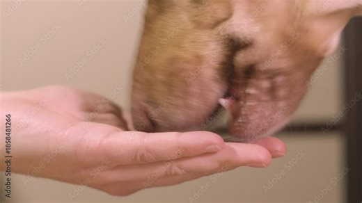 Dog eating pet food from a human palm, close-up feeding moment showing care, trust, and bonding.