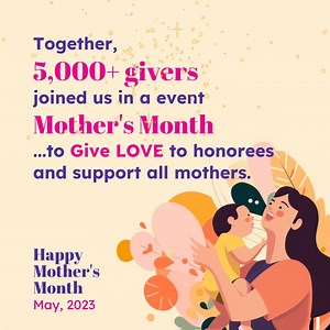 Gratitude and Love Overflowing! 🌸✨ Thank you, new 5000 Givers who started their giving journey in May 2023, for spreading love and support to honorees and standing by all mothers during challenging times. Your generosity shines brightly, uplifting those who care for their ill little ones or face health struggles in foreign lands. 💕 Join the 2.1M Givers Community today and embark on your giving journey. Together, we can make an even greater impact! 🙌. Find out: https://give.asia/s/giveasia-com