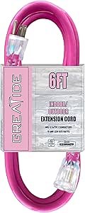 Outdoor Extension Cord with Lighted End, 12 Gauge Heavy Duty 6 FT, 3 Prong Grounded 15 Amp Extension Cord, 12/3 SJTW Waterproof Power Cord for Appliance, UL Listed, Pink