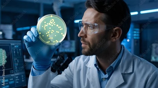 Scientist examines petri dish in laboratory. Researcher studies bacteria growth under microscope. Innovative technology supports microbiology advancements in modern lab.