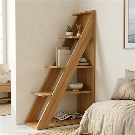 Ladder Bookshelf Solid Wood – Handmade Wooden Ladder Shelf -  Modern Minimalist Bookcase -  Rustic Storage Shelf for Living Room Bedroom