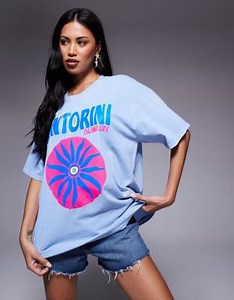 Kaiia exclusive cotton Santorini graphic t-shirt in light blue | ASOS