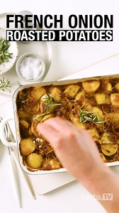 How to make roast potatoes even better? Add French onion soup mix! Recipe >> https://www.taste.com.au/recipes/french-onion-roasted-potatoes-recipe/n1s5tmn1 | Taste.com.au