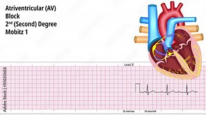 Second Degree Atrioventricular Block Mobitz 1 - 2nd degree AV Block Mobitz 1 - ECG and Heart Conduction - Electrocardiogram Medical Animation Stock Video