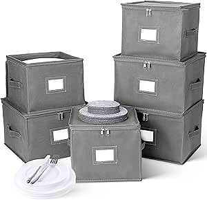 Geelin 6 Pieces China Storage Containers for Plate 2 Sizes Dinnerware Storage Box with Zipper Lid and Handles Including 40 Thick Felt Dividers Square Dinnerware Box for Stackable Bowls Cookware, Gray