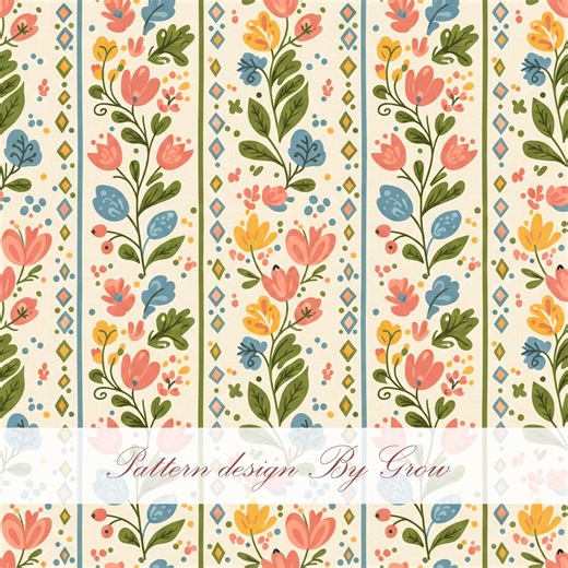 Pastel Floral Seamless Pattern, Scandinavian Folk Art (PNG Digital Download 12x12in 300DPI ) - Etsy