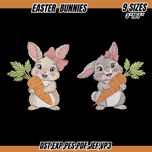 Easter Bunny Embroidery Designs, Bunny With Carrot Embroidery, Easter Bunny With Bow, 9 Sizes (PDF Pattern) - Etsy