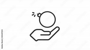 Animated hand with bomb linear icon. Explosive materials hazard. Danger awareness. Seamless loop HD video with alpha channel on transparent background. Outline motion graphic animation