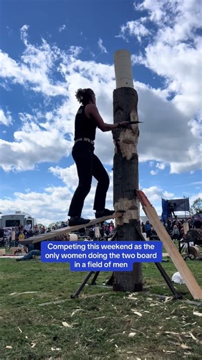 One of my favorite events, super fun! This is a very very male dominated event in an already male dominated sport but more women are starting to learn it. The men in the sport have been very welcoming and incredibly helpful as I’m learning this. Still a long way to go! #fyp #foryou #foryoupage #fypシ #fypシ゚viral #viral #timber #sports #timbersports #logging #loggingsports #lumberjack #lumberjill #spring #board #chop #springboard #springboardchop #axe