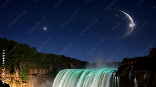A rare phenomenon where moonlight creates a rainbow (moonbow) over a towering waterfall, with mist rising and reflecting the pale lunar colors.