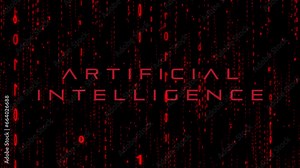 Danger of Artificial Intelligence words in dangerous red with red matrix background of animated binary code falling down from top with glitch animation or fading of artificial intelligence word binary