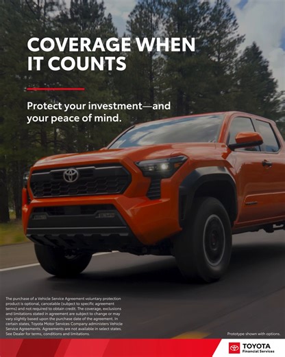 Not everything in life comes with a backup plan. But your Toyota can. A Vehicle Service Agreement helps cover eligible repairs after your factory warranty ends—so surprises stay in your rearview. Learn more: https://toyota.us/4lBnTeR | Toyota Financial Services USA