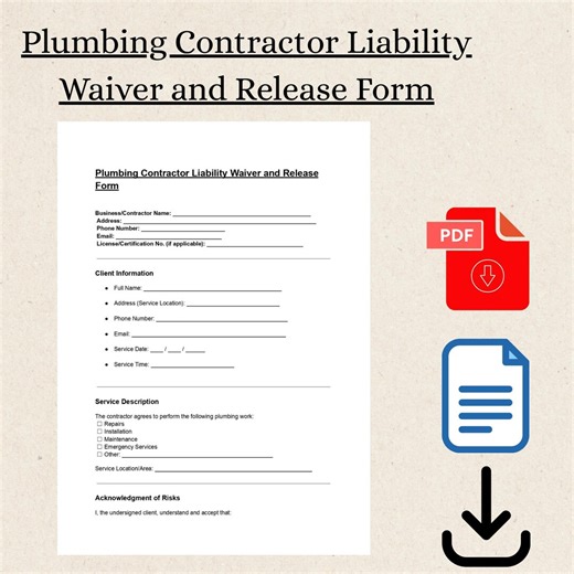 Plumbing Contractor Liability Waiver: Editable PDF Template (instant Download) - Etsy