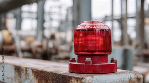 Red alert light is lit at industrial site, signaling activity or safety warning during day