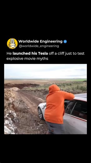 WORLDWIDE ENGINEERING 🌍 on Instagram: "Sometimes the fastest way to learn the truth is to test it yourself. In this experiment a Tesla was driven straight off a cliff to see if real life matches the explosive scenes often shown in movies. As the car crashed below it was destroyed but there was no dramatic fireball or instant explosion. The result clearly shows how far cinematic myths can be from real world physics. Tests like this remind us that reality follows its own rules. Cars break metal b