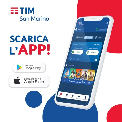 Accedi a un'ampia gamma di informazioni, servizi e offerte personalizzate in pochi touch con MyTIM.SM! L'app TIM San Marino è disponibile gratuitamente per tutti i Clienti, sia per iOS che per Android. Scaricala subito dal tuo App Store o Google Play Store 📲 https://www.telecomitalia.sm/news/nuova-app-clienti-di-tim-san-marino/ | TIM.SM Store