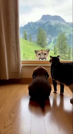 HUGE Mountain Lion vs House Cat (Through the Window!)