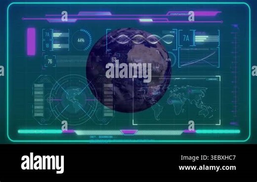 HUD pulse expanding icon into 3D Earth, globe rotating while telemetry updating for monitoring. Planet, holographic, neon, interface, dashboard, readouts, console Stock Video Footage - Alamy