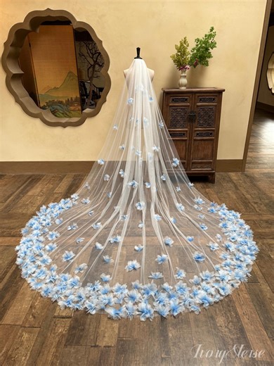 Fairy Blue Floral Wedding Veil, 3D Flower Bridal Veil, Blue Floral Cathedral Veil, Long Romantic Veil - Etsy