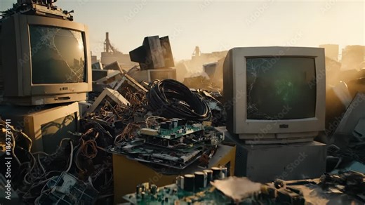 Computer waste fills dump with monitors and keyboards at sunset. Electronic recycling shows computer parts. Waste disposal with monitors. Computer dump has keyboards and electronic waste.