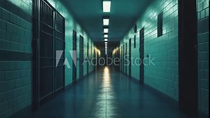 Creepy prison hallway with cells and bars, dark and moody jail interior setting Stock Video
