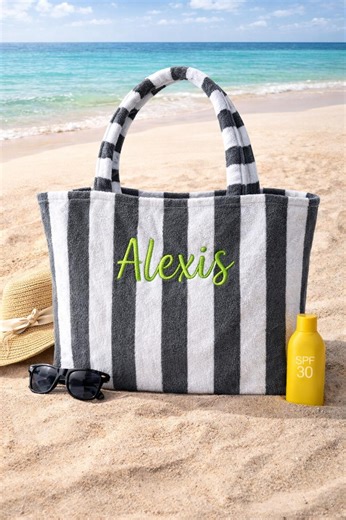Terry Cloth Beach Bag, Oversized Beach Bag, Embroidered Beach Tote, Personalized Gray Striped Beach Tote - Etsy