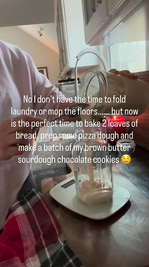 You know what? The laundry can wait. There’s something about a quiet kitchen moment that just calls to me - even when (especially when?) there are a dozen other things I “should” be doing. So while the floors stay unmopped and the laundry basket overflows, I’m over here weighing out flour for two loaves of sourdough, prepping pizza dough for the week, and mixing up a batch of those brown butter sourdough chocolate chip cookies my kids beg for. Is it the most logical use of my time? Probably not.