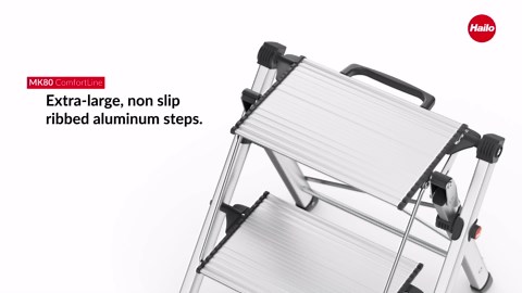 Hailo MK80 Mini Steel Step Stool - Two Large Anti-Slip Steps, 330 lb Capacity - Safety Release Button, Carry Handle - Easy Storage - Silver
