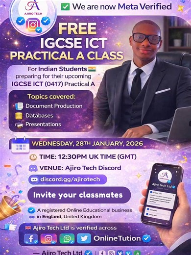 FREE IGCSE ICT (0417) Practical A Class for Indian Students Indian students preparing for IGCSE ICT (0417) Practical A, this free live class is for you! We’ll cover Document Production, Databases, and Presentations with clear, exam-focused guidance. ✅ Come with your questions 👥 Invite your classmates to join you 📅 Wednesday, 28 January 2026 ⏰ 12:30 PM (UK Time) 📍 Ajiro Tech Discord Community 🔗 Join here: https://discord.gg/ajirotech #indian #indiastudents #IGCSE #IGCSEICT #AjiroTech #Discord