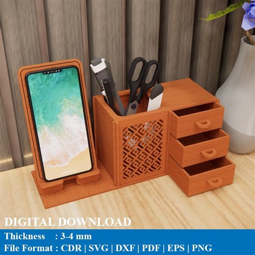 Laser Cut Desk Organizer: Pencil & Phone Holder (digital Download) - Etsy